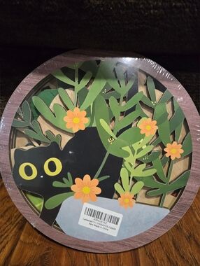 Round Wood Wall Art with Black Cat and Orange Flowers